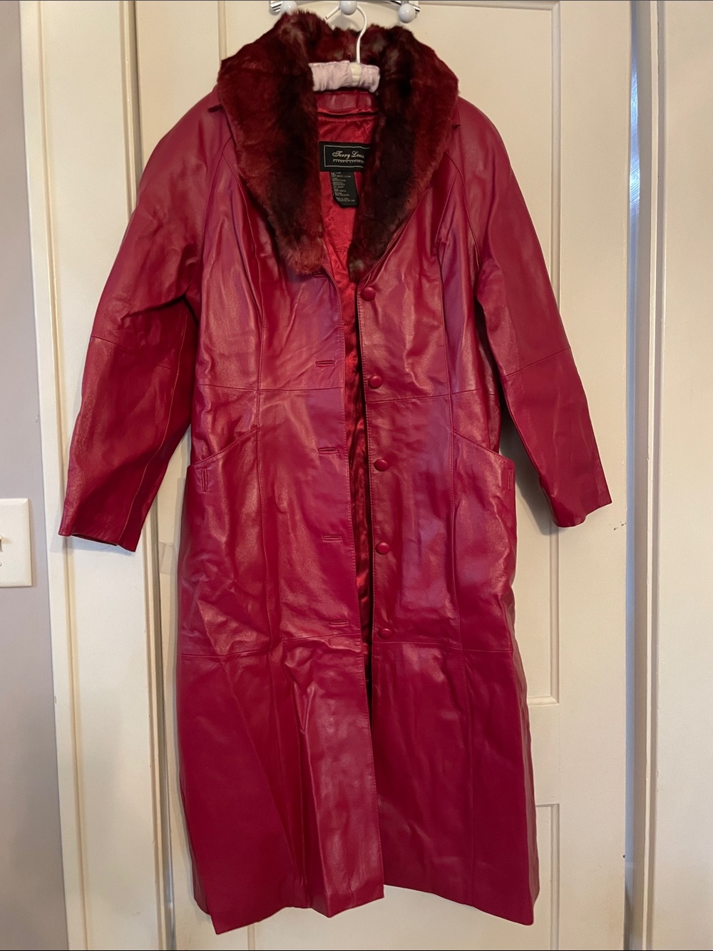 Vintage Terry Lewis Deep Red Leather Trench Coat with Removable Faux Fur Trim